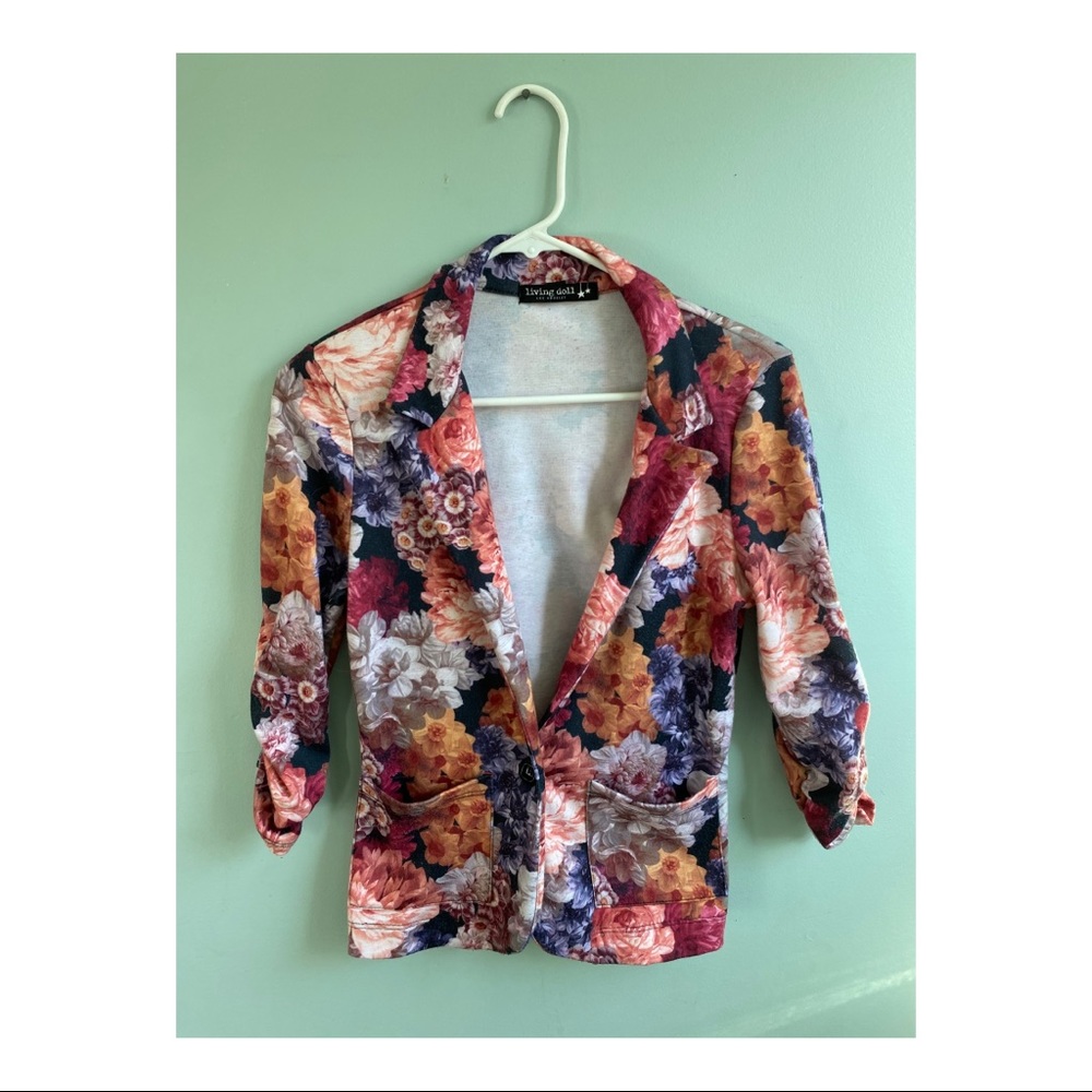 Classy Women’s Floral Blazer with Ruched Sleeves